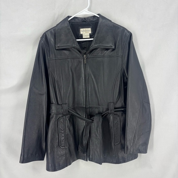 Charles Klein Black Genuine Leather Belted Zip Front Jacket Womens Medium - Picture 2 of 9